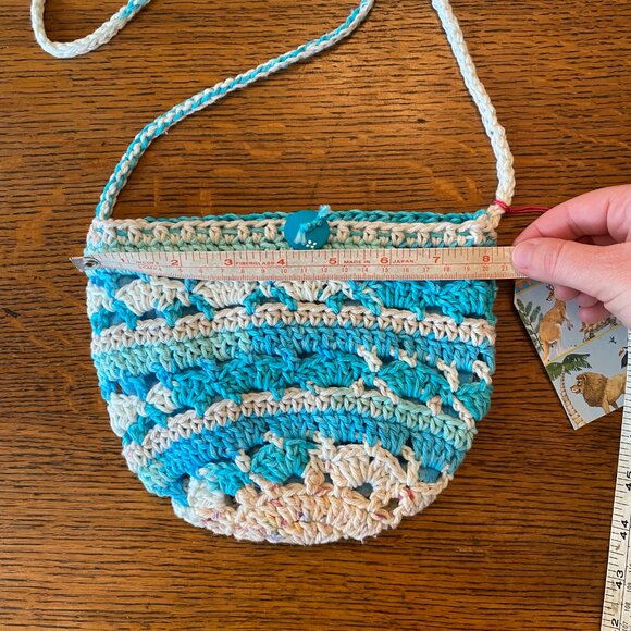 Handmade crochet cross-body bag striped cinch closure polka dot lining - Picture 5 of 7